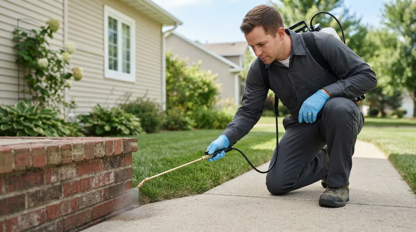 Pest control technician treating a home near Lexington, MO